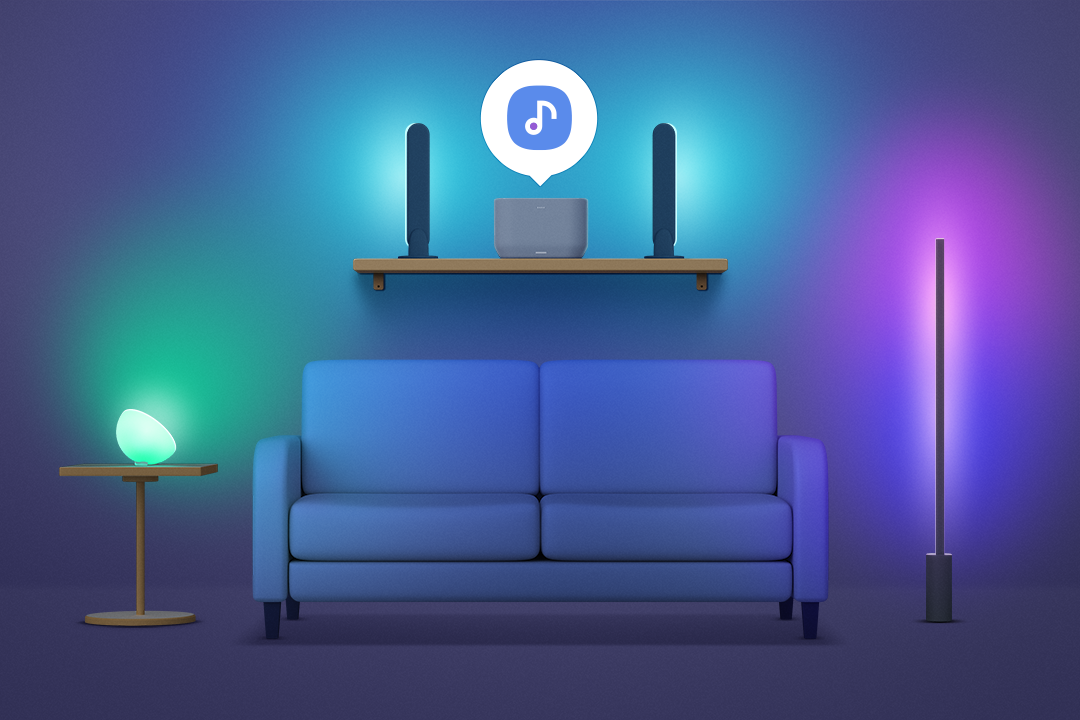 스피커의 음악에 맞춰 움직이는 다양한 빛을 내는 3가지 종류의 스마트 조명