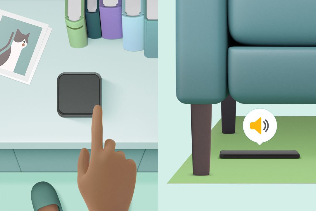 스마트싱스 스테이션의 버튼을 누르자 소파 밑에 떨어뜨린 스마트폰에서 위치를 알리는 소리가 나는 상황